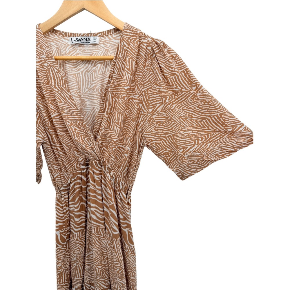 LUSANA Tan Zebra Print Maxi Dress XS 2 Tiered Elastic Waist V-Neck Resortwear